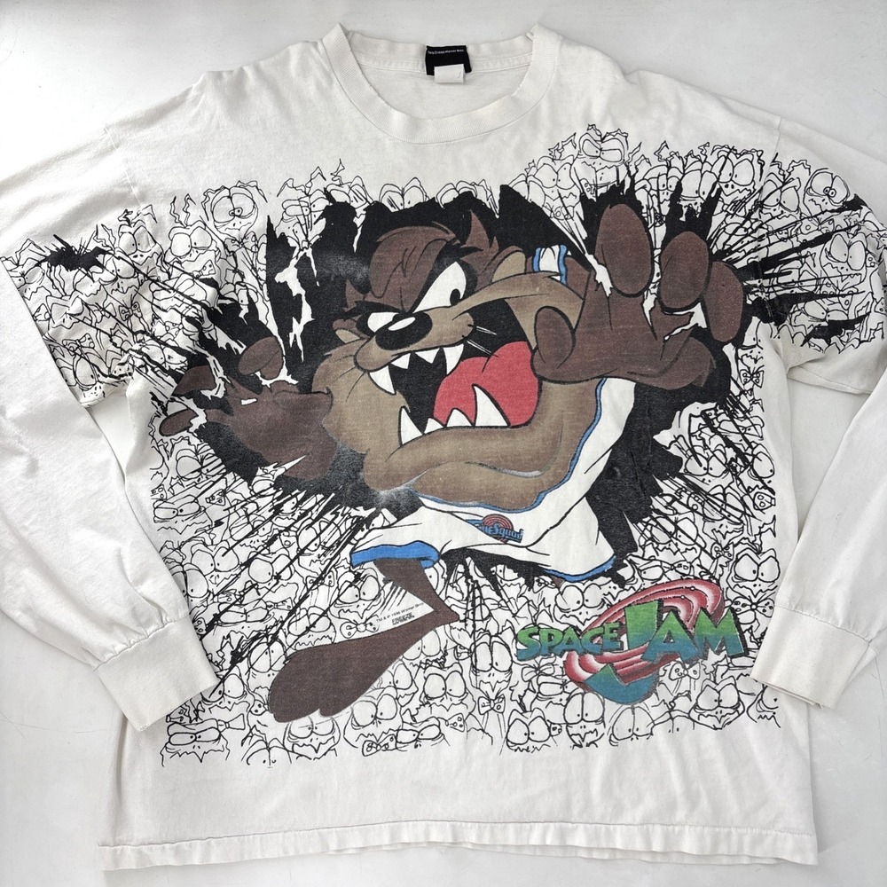 Vintage Space Jam Taz & Aliens AOP Long Sleeve Tee Size XL 90s All Over Print